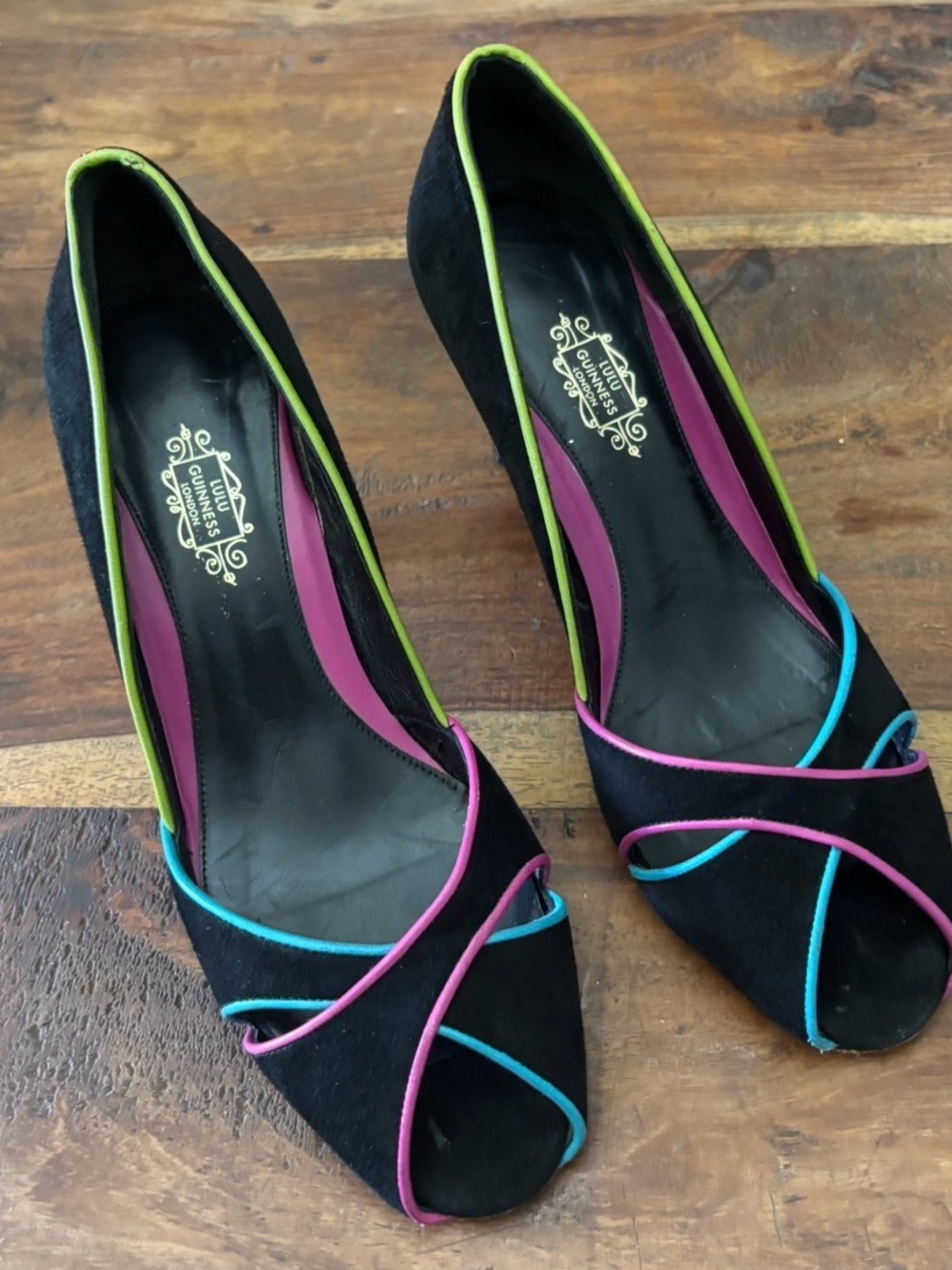 Lulu Guinness Black Suede Peep Toe Pumps with Pink, Blue & Lime Trim